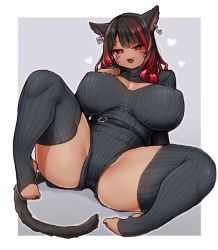 Rule 34 | 1girl, absurdres, animal ears, black hair, border, breasts, breasts apart, character request, commentary request, copyright request, covered erect nipples, facial mark, fang, grey background, head tilt, highres, huge breasts, ichika (ichika manga), long sleeves, looking at viewer, mole, mole under eye, multicolored hair, no nose, open mouth, outline, outside border, reclining, red hair, solo, stirrup legwear, streaked hair, thick thighs, thighs, toeless legwear, tsurime, two-tone hair, white border