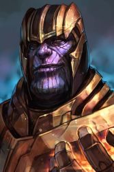 Rule 34 | 1boy, armor, closed mouth, colored skin, gloves, helmet, hungry clicker, looking at viewer, male focus, manly, marvel, purple skin, simple background, smile, solo, thanos, yellow eyes