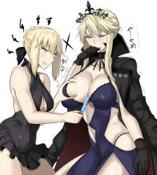 Rule 34 | &gt;:), 2girls, ^^^, artoria pendragon (all), artoria pendragon (alter swimsuit rider) (first ascension) (fate), artoria pendragon (alter swimsuit rider) (third ascension) (fate), artoria pendragon (fate), artoria pendragon (lancer) (fate), between breasts, black coat, black dress, black gloves, black one-piece swimsuit, blonde hair, blush, breasts, clothing cutout, coat, contrapposto, covered erect nipples, covered navel, crown, dress, fate/grand order, fate (series), food, gloves, grabbing, grabbing another&#039;s breast, grin, hair between eyes, highres, holding, holding food, huge breasts, jacket, jacket on shoulders, large breasts, long hair, multiple girls, navel cutout, one-piece swimsuit, one eye closed, parted lips, popsicle, saber alter, sidelocks, simple background, smile, speech bubble, standing, sweatdrop, swimsuit, takara joney, trembling, v-shaped eyebrows, white background, yellow eyes