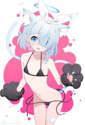 Rule 34 | 1girl, animal ears, animal hands, arona (blue archive), bikini, black bikini, blue archive, blue eyes, blue hair, bow hairband, cat ears, cat tail, choker, colored inner hair, commission, extra ears, gloves, hair over one eye, hairband, halterneck, highres, multicolored hair, paw gloves, pink hair, pretty mundane, skeb commission, solo, string bikini, swimsuit, tail, thigh strap, untied bikini, white choker