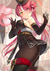 Rule 34 | 1girl, :q, black footwear, black leotard, blush, boots, breasts, brown gloves, brown pantyhose, closed mouth, cowboy shot, detached sleeves, eyes visible through hair, from side, gloves, hair bun, hair over one eye, heterochromia, highres, hololive, houshou marine, houshou marine (marching band), large breasts, leotard, long hair, long sleeves, looking at viewer, looking to the side, multicolored hair, pantyhose, red eyes, red hair, single side bun, solo, standing, sweat, thigh boots, tongue, tongue out, two-tone hair, very long hair, virtual youtuber, white hair, yellow eyes, yougenko
