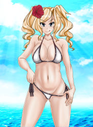 Rule 34 | 1girl, bikini, blonde hair, blue eyes, blue sky, breasts, cameltoe, cloud, collarbone, cowboy shot, day, drill hair, flower, gluteal fold, hair flower, hair ornament, honolulu (kancolle), kantai collection, large breasts, licking lips, long hair, looking at viewer, navel, ocean, official alternate costume, side-tie bikini bottom, sky, smile, solo, standing, string bikini, swimsuit, tk (butakuma), tongue, tongue out, twin drills, twintails, white bikini