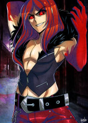 Rule 34 | 1boy, abs, bad id, bad tumblr id, belt, carmine (under night in-birth), colored sclera, fur collar, grin, khaliqa bell, long hair, male focus, muscular, red hair, red sclera, sleeveless, slit pupils, smile, solo, under night in-birth, vest