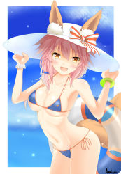 Rule 34 | amakusa shio, animal ears, bikini, blue bikini, blush, breasts, cleavage, collarbone, commentary request, day, ears through headwear, fang, fate/grand order, fate (series), fox ears, fox tail, hat, innertube, large breasts, looking at viewer, navel, ocean, open mouth, outdoors, pink hair, shirt, side-tie bikini bottom, solo, sun hat, swim ring, swimsuit, tail, tamamo (fate), tamamo no mae (fate/extra), tamamo no mae (swimsuit lancer) (fate), tamamo no mae (swimsuit lancer) (third ascension) (fate), wet, wet clothes, wet shirt, white hat, yellow eyes
