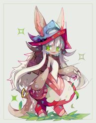 Rule 34 | 1girl, :3, amakusa (hidorozoa), animal ears, arm at side, barefoot, ears through headwear, full body, furry, furry female, green eyes, hat, leaf, long hair, made in abyss, nanachi (made in abyss), navel, open mouth, pants, puffy pants, simple background, smile, solo, standing, tail, topless, whiskers, white background, white hair