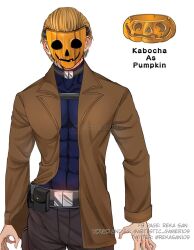 Rule 34 | 1boy, belt, belt buckle, belt pouch, black belt, black collar, black pants, black straps, brown coat, buckle, character name, chest strap, coat, collar, commentary request, cowboy shot, facing viewer, highres, humanization, jack-o&#039;-lantern, long sleeves, male focus, mask, muscular, muscular male, neck strap, orange hair, orange mask, pants, personification, plants vs zombies, pouch, pumpkin, pumpkin (plants vs zombies), pumpkin mask, shirt, short hair, simple background, skin tight, skin tight clothing, slicked back hair, strap, tagme, toned, toned male, toned stomach, turtleneck, turtleneck shirt, white background