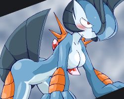 Rule 34 | 1girl, all fours, ass, bent over, blue hair, blue skin, blush, breasts, cleavage, colored skin, cosplay, creatures (company), fusion, game freak, gardevoir, gen 3 pokemon, lowres, medium breasts, nintendo, nude, oekaki, pokemon, red eyes, swampert, tail, uranoyoru