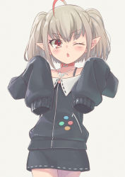 Rule 34 | 1girl, :o, absurdres, ahoge, badge, blush, button badge, collar, collarbone, commentary, cowboy shot, dyed ahoge, grey hair, highres, jewelry, long sleeves, looking at viewer, makaino ririmu, medium hair, miniskirt, multicolored hair, necklace, nijisanji, off-shoulder jacket, off shoulder, one eye closed, open mouth, pointy ears, red collar, red eyes, red hair, sabamen, simple background, skirt, sleeves past fingers, sleeves past wrists, solo, streaked hair, twintails, virtual youtuber, white background