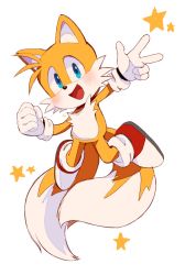 Rule 34 | 1boy, :d, blue eyes, blush, clenched hand, floating, fox boy, full body, furry, furry male, gloves, highres, looking at viewer, male focus, misuta710, multiple tails, open mouth, protected link, smile, solo, sonic (series), star (symbol), tail, tails (sonic), two tails, w, white gloves