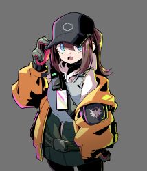 Rule 34 | 1girl, absurdres, baseball cap, belt, black hat, black legwear, blue eyes, brown hair, cowboy shot, dima (girls&#039; frontline), einheadt, expressionless, genderswap, genderswap (mtf), girls&#039; frontline, gloves, grey background, hat, highres, jacket, long hair, long sleeves, looking at viewer, open mouth, ponytail, simple background, solo, tom clancy&#039;s the division, walkie-talkie, yellow jacket