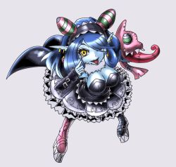 Rule 34 | 1girl, :p, appmon, artist request, bandai, blue hair, blue skin, breasts, colored skin, demon girl, digimon, digimon universe: appli monsters, dress, fangs, female focus, gothic lolita, hair over one eye, large breasts, lolita fashion, long hair, mienumon, monster girl, pointy ears, puppet, smile, solo, demon girl, tongue, tongue out, yellow eyes