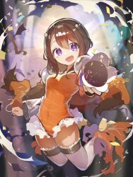 Rule 34 | 1girl, absurdres, birthday, brown hair, clenched hand, commentary, commission, confetti, covered navel, english commentary, fish girl, harufude, highres, holding, holding string, indie virtual youtuber, jumping, looking at viewer, medium hair, one-piece swimsuit, open mouth, orange one-piece swimsuit, party popper, purple eyes, smile, soap bubbles, solo, string, string of pearls, sushiima, swimsuit, thighhighs, virtual youtuber, white thighhighs