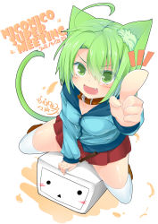 Rule 34 | 1girl, :d, absurdres, ahoge, animal ears, blush, cat ears, collar, dated, dodome-iro mayonnaise, fang, green eyes, green hair, highres, matching hair/eyes, niconico, open mouth, original, sharon (dodomayo), sitting, skirt, smile, solid circle eyes, solo, thighhighs, white thighhighs