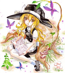 Rule 34 | 1girl, acrylic paint (medium), apron, blonde hair, blush, book, bow, braid, brown eyes, bug, butterfly, from above, hat, hat bow, holding, holding book, bug, kabaji, kirisame marisa, looking at viewer, looking up, mary janes, open book, open mouth, painting (medium), plant, reading, shoes, side braid, sitting, sketch, solo, touhou, traditional media, tree stump, waist apron, wariza, witch hat