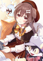 Rule 34 | 1girl, animal ears, blush, bone hair ornament, braid, breasts, brown capelet, brown eyes, brown hair, capelet, character request, collar, commentary request, controller, dog ears, dog girl, frills, from above, hair between eyes, hair ornament, holding, hololive, inugami korone, inugami korone (street), kaze no klonoa, long hair, long sleeves, looking at viewer, medium breasts, nail polish, nonono (1399900), pillow, red skirt, shirt, sitting, skirt, smile, twin braids, virtual youtuber, white shirt, yellow nails