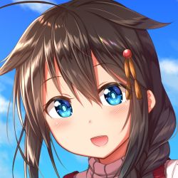 Rule 34 | 10s, 1girl, :d, ahoge, blue eyes, blue sky, blush, braid, brown hair, close-up, cloud, cloudy sky, day, gurande (g-size), hair between eyes, hair flaps, hair ornament, kantai collection, looking at viewer, open mouth, outdoors, portrait, ribbed sweater, shigure (kancolle), shigure kai ni (kancolle), single braid, sky, smile, solo, sweater, teeth, turtleneck