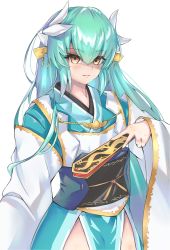 Rule 34 | 1girl, aqua hair, aqua kimono, cowboy shot, dragon girl, dragon horns, fate/grand order, fate (series), folding fan, hand fan, highres, holding, holding fan, horns, japanese clothes, kimono, kiyohime (fate), multiple horns, obi, sash, shaded face, simple background, solo, standing, white background, wide sleeves, yahan (mctr5253), yellow eyes