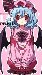 Rule 34 | 1girl, :&lt;, alternate costume, bat wings, black bow, black bowtie, black ribbon, black skirt, blue hair, blush, bow, bowtie, character name, clothes writing, commentary, contemporary, cowboy shot, hair between eyes, hat, hat ribbon, heart, heart-shaped pupils, highres, kyouda suzuka, looking at viewer, medium hair, mob cap, nail polish, pink background, pink hat, pink sweater, red eyes, red nails, remilia scarlet, ribbon, simple background, skirt, sleeves past wrists, solo, sweater, symbol-shaped pupils, touhou, upper body, wings