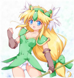 Rule 34 | 1girl, armor, bad id, bad pixiv id, blonde hair, blue eyes, bow, clenched hand, dress, gloves, hair ribbon, headgear, long hair, low-tied long hair, panties, pantyshot, pauldrons, polearm, ribbon, riesz, rod, seiken densetsu, seiken densetsu 3, short dress, shoulder armor, skirt, smile, solo, standing, underwear, upskirt, weapon, white background, white panties, zipang (zip@ng works)