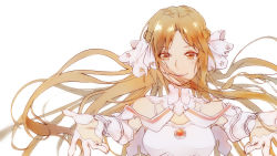 Rule 34 | 10s, 1girl, asuna (sao), brown eyes, hair ornament, highres, kurio19980321, long hair, looking at viewer, outstretched arms, smile, solo, sword art online, upper body, white background