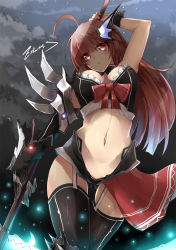 Rule 34 | 1girl, ahoge, artist name, bow, breasts, bustier, cleavage, einess, elbow gloves, frills, garter straps, gloves, highres, large breasts, long hair, looking at viewer, midriff, navel, original, red eyes, red hair, scythe, single glove, solo, thighhighs, weapon, wrist cuffs