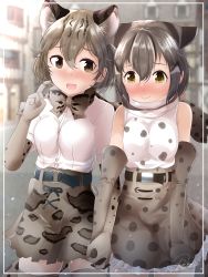 Rule 34 | 2girls, :&gt;, :d, absurdres, amemiya neru, animal ear fluff, animal ears, bare shoulders, blurry, blurry background, blush, bow, bowtie, breasts, cat ears, character request, elbow gloves, extra ears, fang, gloves, grey hair, hair between eyes, twirling hair, highres, holding hands, interlocked fingers, iriomote cat (kemono friends), kemono friends, medium breasts, multiple girls, nose blush, open mouth, outdoors, print gloves, print neckwear, print skirt, shirt, short hair, short sleeves, signature, skirt, smile, thighhighs, white shirt, yellow eyes, yuri