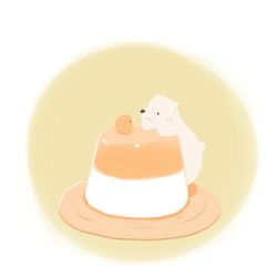 Rule 34 | animal, bear, bird, chai (drawingchisanne), commentary request, dessert, eye contact, food, food focus, looking at another, no humans, on food, original, polar bear, pudding, signature, simple background, sitting on food, sweets bird, undersized animal