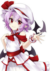 Rule 34 | 1girl, akisome hatsuka, animal, animal on hand, bare shoulders, bat (animal), bat wings, closed mouth, collarbone, dress, frilled dress, frills, hair between eyes, hat, hat ribbon, looking at viewer, pink hair, pointy ears, red eyes, red neckwear, red ribbon, red sash, remilia scarlet, ribbon, sash, shirt, short hair, simple background, sleeveless, sleeveless shirt, smile, touhou, upper body, white background, white dress, white frills, white headwear, white shirt, wings, wrist cuffs