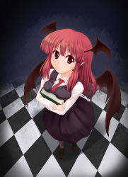 Rule 34 | 1girl, bat wings, blush, book, hugging book, breast press, breasts, checkered floor, collared shirt, dress shirt, foreshortening, from above, full body, head wings, highres, holding, holding book, koakuma, lips, loafers, long hair, looking at viewer, necktie, nekohane ryou, hugging object, pantyhose, red eyes, red hair, red necktie, shirt, shoes, skirt, skirt set, solo, touhou, vest, white shirt, wings
