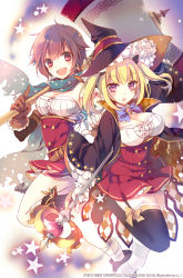 Rule 34 | 2girls, axe, blonde hair, breasts, brown eyes, brown hair, cleavage, elbow gloves, gloves, hat, jonejung, large breasts, medium breasts, multiple girls, official art, original, short hair, thighhighs, weapon, witch hat