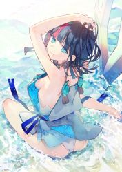 Rule 34 | 1girl, armpits, arms behind head, arms up, ass, bare shoulders, black hair, blue eyes, blue ribbon, blunt bangs, breasts, closed mouth, dress, fate/grand order, fate/requiem, fate (series), fundoshi, japanese clothes, jewelry, long sleeves, looking at viewer, looking back, magatama, medium breasts, medium hair, multicolored hair, necklace, noco (adamas), official art, pelvic curtain, pink hair, polearm, puffy short sleeves, puffy sleeves, ribbon, seigaiha, short dress, short sleeves, sideboob, sidelocks, sitting, spear, streaked hair, thighs, two-sided fabric, two-sided skirt, utsumi erice, water, weapon, white dress