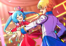 Rule 34 | 1boy, 1girl, ahoge, aiguillette, animal ears, blonde hair, blue hair, blush, bow, bowtie, cat ears, circus, closed eyes, dress, fang, hair ornament, hatsune miku, highres, indoors, jacket, long hair, long sleeves, open mouth, pom pom (clothes), pom pom hair ornament, project sekai, red bow, red bowtie, red dress, smile, taro14 tea, tenma tsukasa, twintails, very long hair, vocaloid, white jacket, wonderlands x showtime (project sekai), wonderlands x showtime miku, yellow eyes