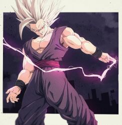 Rule 34 | 1boy, baggy pants, bare shoulders, biceps, black wristband, border, bure (fantasticyouth7), closed mouth, cloud, cloudy sky, collarbone, commentary, dougi, dragon ball, dragon ball super, dragon ball super super hero, electricity, energy, gohan beast, grey hair, highres, looking at viewer, male focus, muscular, muscular male, outside border, pants, pectorals, purple pants, red eyes, red sash, sash, silhouette, sky, smile, smirk, solo, son gohan, spiked hair, standing, v-shaped eyebrows, white border, wristband
