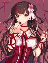 Rule 34 | 1girl, black hair, blunt bangs, blush, breasts, brown eyes, corset, double bun, flower, frills, hair bun, hair flower, hair ornament, hands up, highres, hiiragi souren, long hair, looking at viewer, medium breasts, multicolored hair, nail polish, original, parted lips, pink flower, purple background, purple ribbon, red hair, red nails, ribbon, sailor collar, solo, straight hair, streaked hair, two-tone hair, two side up, upper body