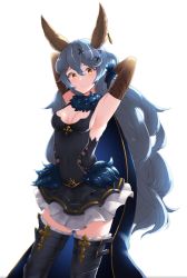 Rule 34 | 1girl, animal ears, armpits, arms up, black dress, blue hair, blush, boots, breasts, brown gloves, rabbit ears, covered navel, dress, elbow gloves, erune, ferry (granblue fantasy), gloves, granblue fantasy, highres, jewelry, long hair, looking at viewer, medium breasts, sideboob, simple background, sleeveless, sleeveless dress, solo, standing, thigh boots, thighhighs, tori no tempura, wavy hair, yellow eyes, zettai ryouiki