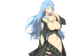 Rule 34 | 1girl, blue eyes, blue hair, breasts, cleavage, convenient censoring, elf, evenicle, game cg, groin, huge breasts, legs, long hair, looking at viewer, matching hair/eyes, navel, no panties, pointy ears, simple background, smile, solo, standing, thighs, yaegashi nan