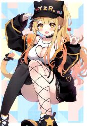 Rule 34 | 1girl, absurdres, ayamy, blonde hair, blush, breasts, cat girl, cat tail, cleavage, clothing cutout, fishnet thighhighs, fishnets, hat, heart cutout, highres, hololive, jacket, long hair, long sleeves, looking at viewer, medium breasts, open clothes, open jacket, open mouth, scan, shoes, simple background, sitting, smile, sneakers, solo, tail, thighhighs, virtual youtuber, visor cap, yellow eyes, yozora mel, yozora mel (streetwear)