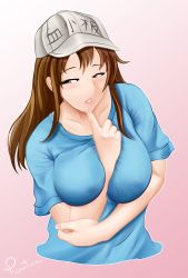 Rule 34 | 10s, 1girl, absurdres, aged up, alternate breast size, arm between breasts, artist name, blue shirt, blush, brown eyes, brown hair, crossed arms, female focus, finger to mouth, hat, hataraku saibou, highres, huge filesize, open mouth, picantium, platelet (hataraku saibou), shirt, short sleeves, smile, solo, upper body, white hat