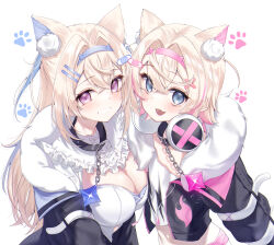 Rule 34 | 2girls, animal ear fluff, animal ears, animal hands, blonde hair, blue eyes, blush, breasts, chain, cleavage, collar, dog ears, dog girl, dog paws, fuwawa abyssgard, fuwawa abyssgard (1st costume), hair between eyes, hair ornament, hairclip, headband, headphones, highres, hololive, hololive english, jacket, kanae (inorin05kanae), large breasts, long hair, long sleeves, looking at viewer, midriff, mococo abyssgard, mococo abyssgard (1st costume), multicolored hair, multiple girls, navel, open mouth, paw print, red eyes, short hair, siblings, streaked hair, tank top, twins, two-tone hair, virtual youtuber, white background