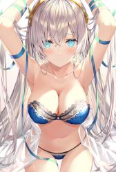 Rule 34 | 1girl, anastasia (fate), aqua eyes, armpits, arms up, blue bra, blue panties, blue ribbon, blush, bra, breasts, cleavage, collarbone, commentary request, cowboy shot, fate/grand order, fate (series), frilled panties, frills, highres, lace, lace-trimmed bra, lace trim, large breasts, long hair, looking at viewer, panties, parted lips, ribbon, rin yuu, see-through, silver hair, smile, solo, strapless, strapless bra, thigh gap, underwear, very long hair