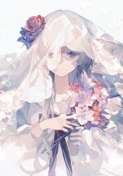 Rule 34 | 1girl, arcaea, bouquet, bow, bridal veil, closed mouth, dress, expressionless, flower, grey hair, hair flower, hair ornament, hair over shoulder, highres, hikari (arcaea), holding, holding bouquet, holding flower, lobelia (saclia), long hair, long sleeves, looking at viewer, puffy long sleeves, puffy sleeves, red eyes, red flower, red rose, rose, shirt, simple background, solo, straight-on, upper body, veil, white background, white dress, white flower, white shirt