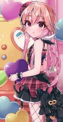 Rule 34 | 1girl, beret, black skirt, blue ribbon, braid, checkered clothes, checkered headwear, commentary, crop top, dated, feather hair ornament, feathers, fishnet pantyhose, fishnets, hair between eyes, hair ornament, hat, heart, highres, holding, holding heart, idolmaster, idolmaster cinderella girls, idolmaster cinderella girls starlight stage, light blush, light brown hair, long hair, looking at viewer, midriff, multicolored background, multicolored hair, ninomiya asuka, official alternate costume, pantyhose, parted lips, pink hair, pink hat, pink shirt, purple eyes, ribbon, shirt, sidelocks, signature, skirt, solo, standing, thighs, twin braids, two-tone hair, wrist cuffs, zy jomi