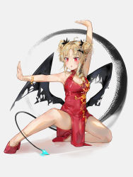Rule 34 | 1girl, ahoge, arm up, armpits, bare arms, bare shoulders, blonde hair, bracelet, breasts, china dress, chinese clothes, cleavage, cleavage cutout, clothing cutout, dema hmw, demon girl, demon tail, demon wings, double bun, dress, earrings, hair bun, hair over shoulder, highres, jewelry, long hair, looking at viewer, medium breasts, open mouth, original, outstretched arm, pelvic curtain, pointy ears, red dress, red eyes, red footwear, shoes, sleeveless, sleeveless dress, solo, tail, thighs, wings