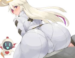 Rule 34 | 1girl, ahoge, arc system works, ass, ass focus, blonde hair, bodysuit, cameltoe, candy, spiked halo, food, foreshortening, from behind, glowing, guilty gear, guilty gear xrd, hair between eyes, halo, heart, holding, holding sword, holding weapon, huge ass, jack-o&#039; valentine, lollipop, long hair, looking at viewer, looking back, minakami (flyingman555), multicolored hair, pantylines, pink eyes, pink hair, simple background, sitting, skin tight, solo, sword, two-tone hair, wariza, weapon, white background, wings