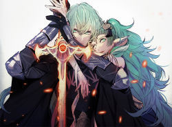 Rule 34 | 1boy, 1girl, armor, bad id, bad pixiv id, black gloves, byleth (fire emblem), byleth (male) (fire emblem), closed mouth, fire emblem, fire emblem: three houses, gloves, glowing, green eyes, green hair, hair ornament, heroes relic (fire emblem), holding, holding sword, holding weapon, long hair, nintendo, parted lips, pointy ears, short hair, simple background, sothis (fire emblem), sword, sword of the creator, tiara, tsukimura noe, upper body, weapon