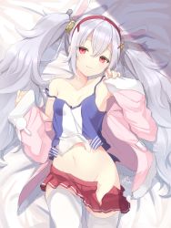 Rule 34 | 1girl, animal ears, azur lane, bad id, bad pixiv id, bare shoulders, bed sheet, breasts, closed mouth, commentary request, eyes visible through hair, fake animal ears, groin, hair between eyes, hairband, hands up, highres, jacket, laffey (azur lane), long hair, long sleeves, loose skirt, lying, midriff, miniskirt, navel, no panties, on back, pink jacket, rabbit ears, ramchi, red hairband, red skirt, shirt, silver hair, skirt, sleeveless, sleeveless shirt, small breasts, solo, stomach, strap slip, thighhighs, thighs, twintails, white thighhighs, wide sleeves
