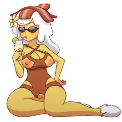 Rule 34 | 1girl, adventure time, bacon, breakfast princess, breasts, colored skin, drink, female focus, flower, food, full body, mike inel, nude, pussy, solo, sunglasses, uncensored, white hair, yellow skin