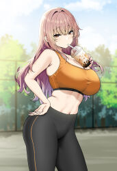Rule 34 | 1girl, bare arms, bare shoulders, black pants, blush, breasts, brown hair, bubble tea, commentary request, drinking, highres, kaori (sky-freedom), large breasts, long hair, looking at viewer, midriff, navel, orange eyes, orange sports bra, original, outdoors, pants, sky-freedom, sleeveless, solo, sports bra, standing, thighs