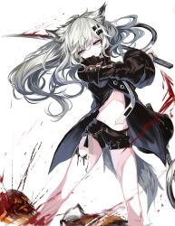 Rule 34 | 1girl, absurdres, animal ear fluff, animal ears, arknights, bare legs, black jacket, black shorts, blood, feet out of frame, floating hair, grey eyes, hair between eyes, hair ornament, hairclip, head tilt, high collar, highres, holding, holding sword, holding weapon, jacket, katana, lappland (arknights), long hair, long sleeves, looking at viewer, material growth, midriff, navel, open clothes, open jacket, oripathy lesion (arknights), sheya, short shorts, shorts, silver hair, simple background, smile, solo, standing, stomach, sword, tail, thighs, weapon, white background, wide sleeves, wolf ears, wolf tail