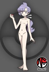 Rule 34 | 1girl, absurdres, ahoge, anabel (pokemon), arm at side, armpits, artist name, asymmetrical bangs, barefoot, breasts, cleft of venus, clenched hand, collarbone, completely nude, creatures (company), eyelashes, feet, feet together, female focus, fingernails, full body, game freak, grey background, groin, hair ornament, hand up, highres, holding, holding poke ball, legs, legs together, long hair, looking afar, low ponytail, matching hair/eyes, navel, neck, nilterguy, nintendo, nipples, nude, nude filter, official alternate hair length, official alternate hairstyle, official art nude filter, parted bangs, poke ball, pokemon, pokemon sm, purple eyes, purple hair, pussy, small breasts, smile, standing, thighs, third-party edit, toenails, toes, unworn clothes